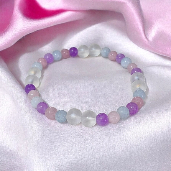 Handcrafted Morganite and Aurora Iridescent Glass Bead Stretch Bracelet - Picture 1 of 3